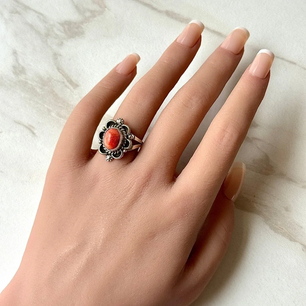 Navajo Flower Ring Orange Spiny Oyster Sz 9 Sterling Silver Native Signed Morgan